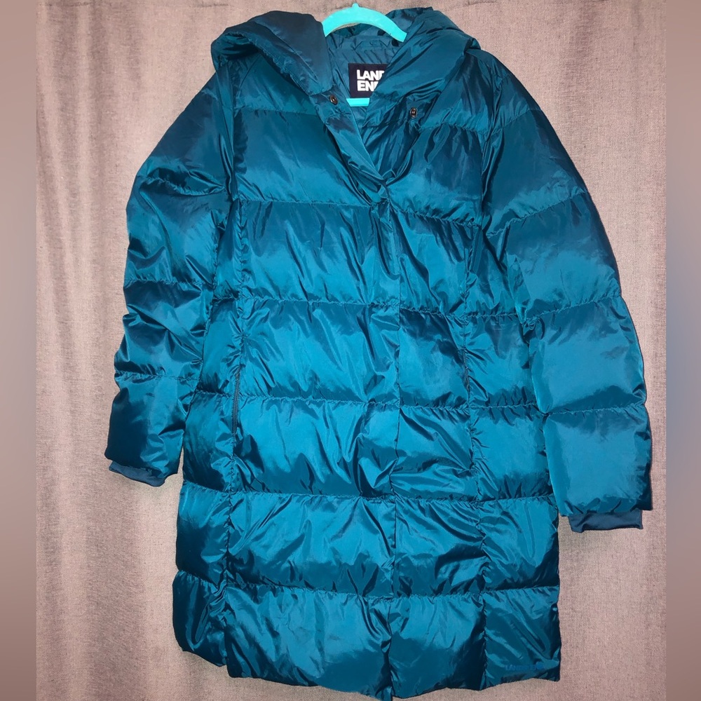 Lands' End Hood Quilted Wrap Down Coat Aegean Sea Small 6-8 New MSRP $199